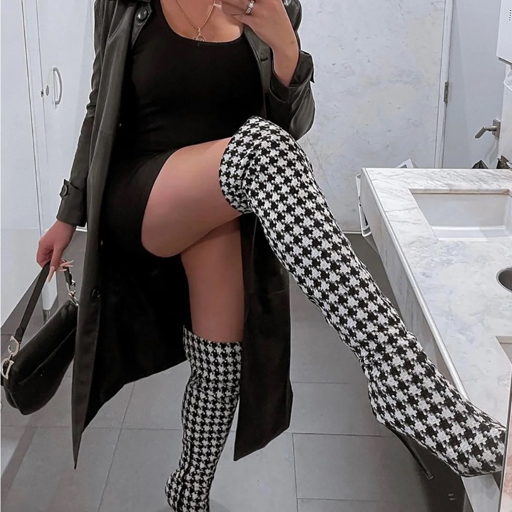 Stylish Houndstooth Over-the-Knee Boots